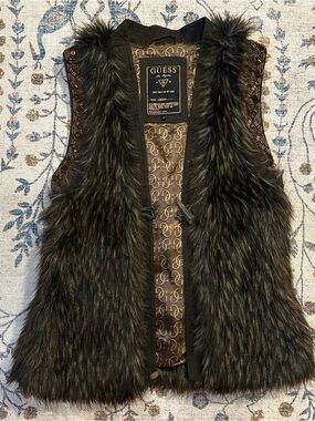 GUESS Brown Faux Fur vest with Logo Lining Small